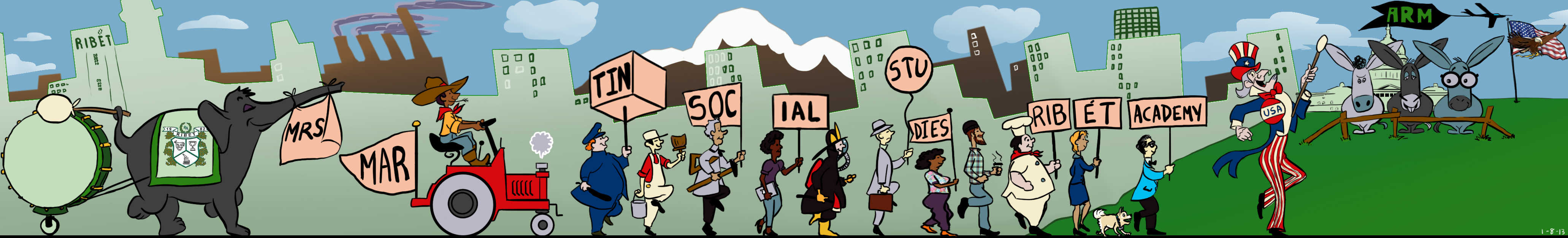 A parade of people of all colors, shapes, and sizes. Notable inclusions are Mr. Martin, a fireman, PSY from Gangam Style and Ribet Academy. 