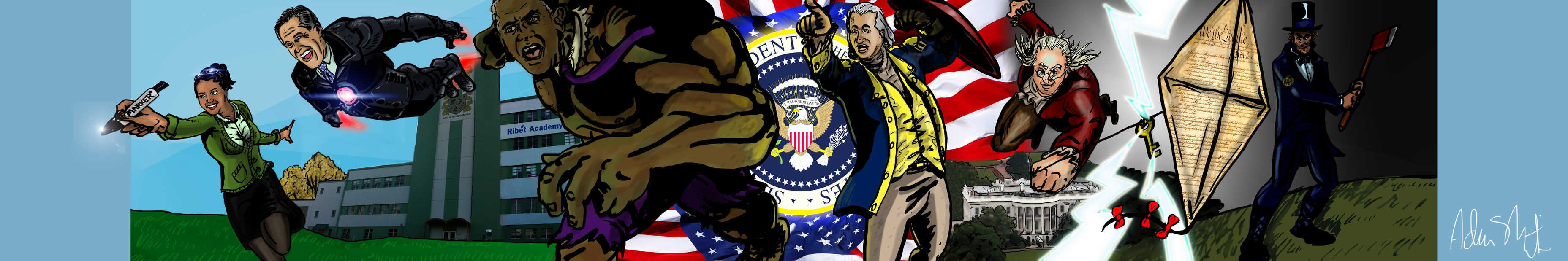 Banner showing Mrs. Martin, Iron Mitt Romney, Hulk Obama, Captain America George Washington, Thomas "Thor" Jefferson, and SHIELD agent/Vampire Hunter Abraham Lincoln